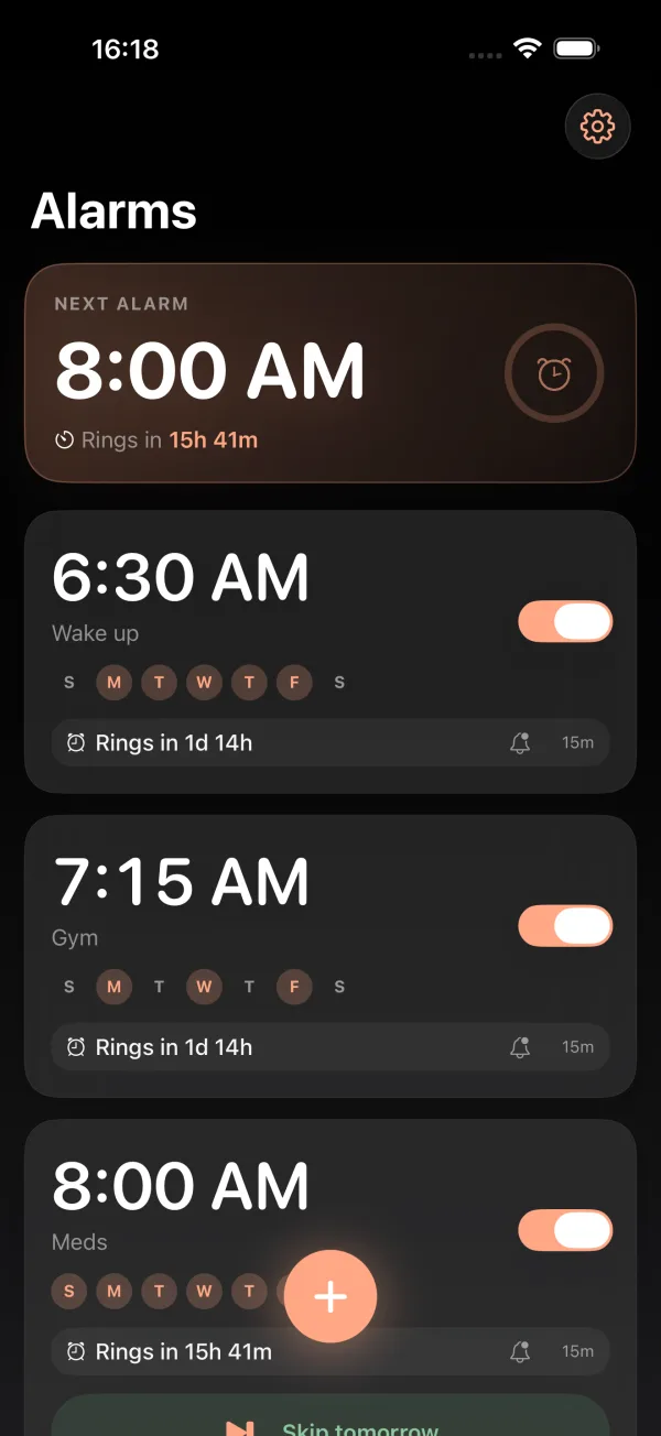 Punctual home screen on iPhone showing a live countdown above the alarm list