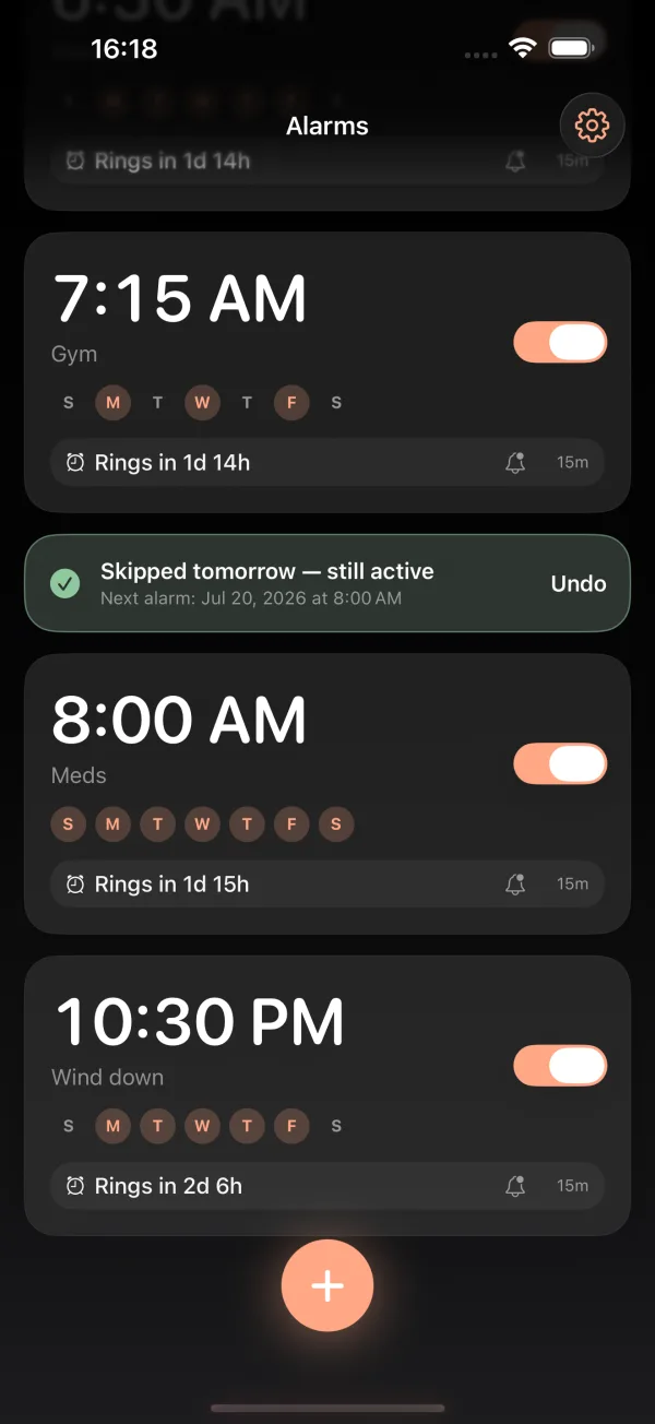 Skip Today confirmation in Punctual - tomorrow skipped, alarm still active, with Undo